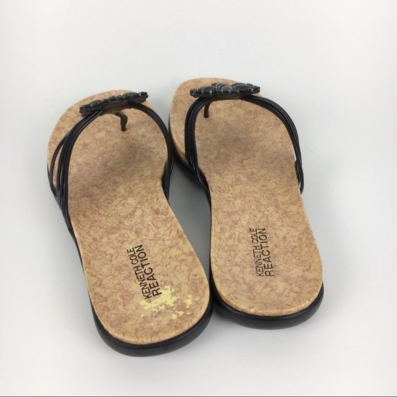 Kenneth Cole Women Glam In Bloom Black Beaded Flower Summer Sandals Flip Flops 8 - Picture 6 of 9